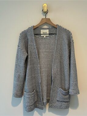 Yerse Barcelona Cardigan 100% Cotton Black & White Striped Knit Pockets